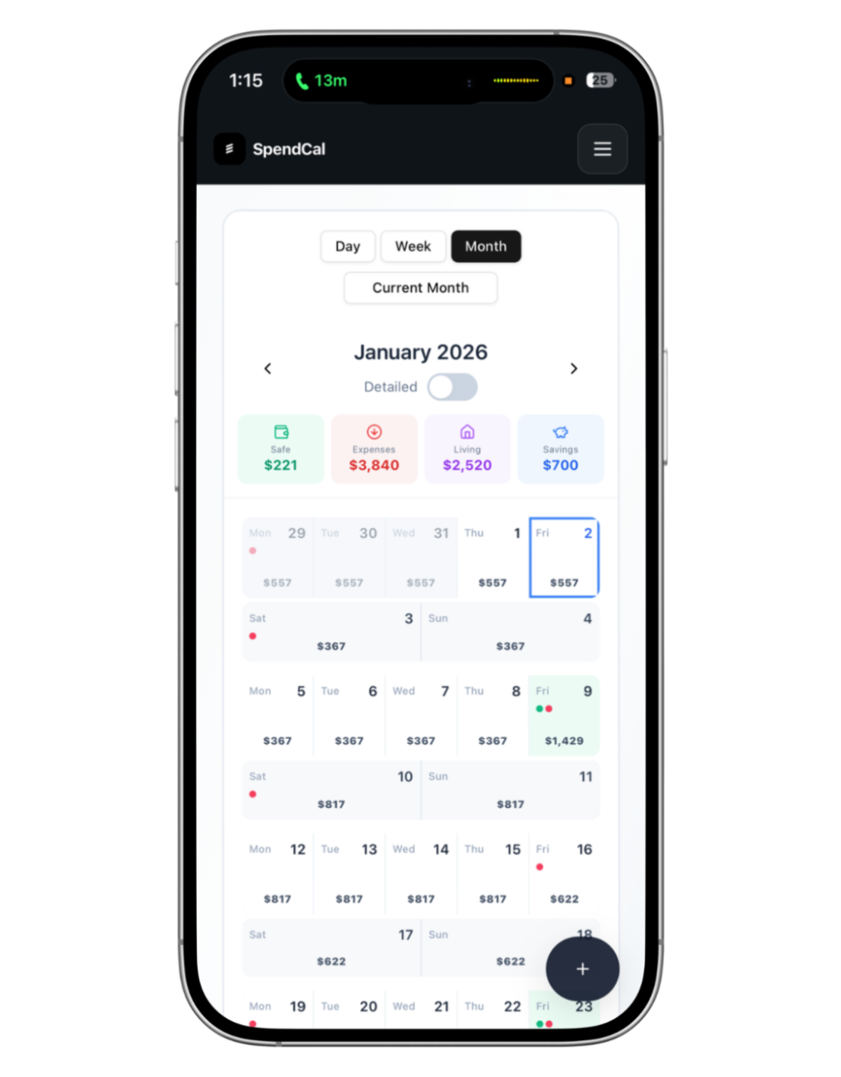 Phone displaying the SpendCal app with a calendar view for January 2026.