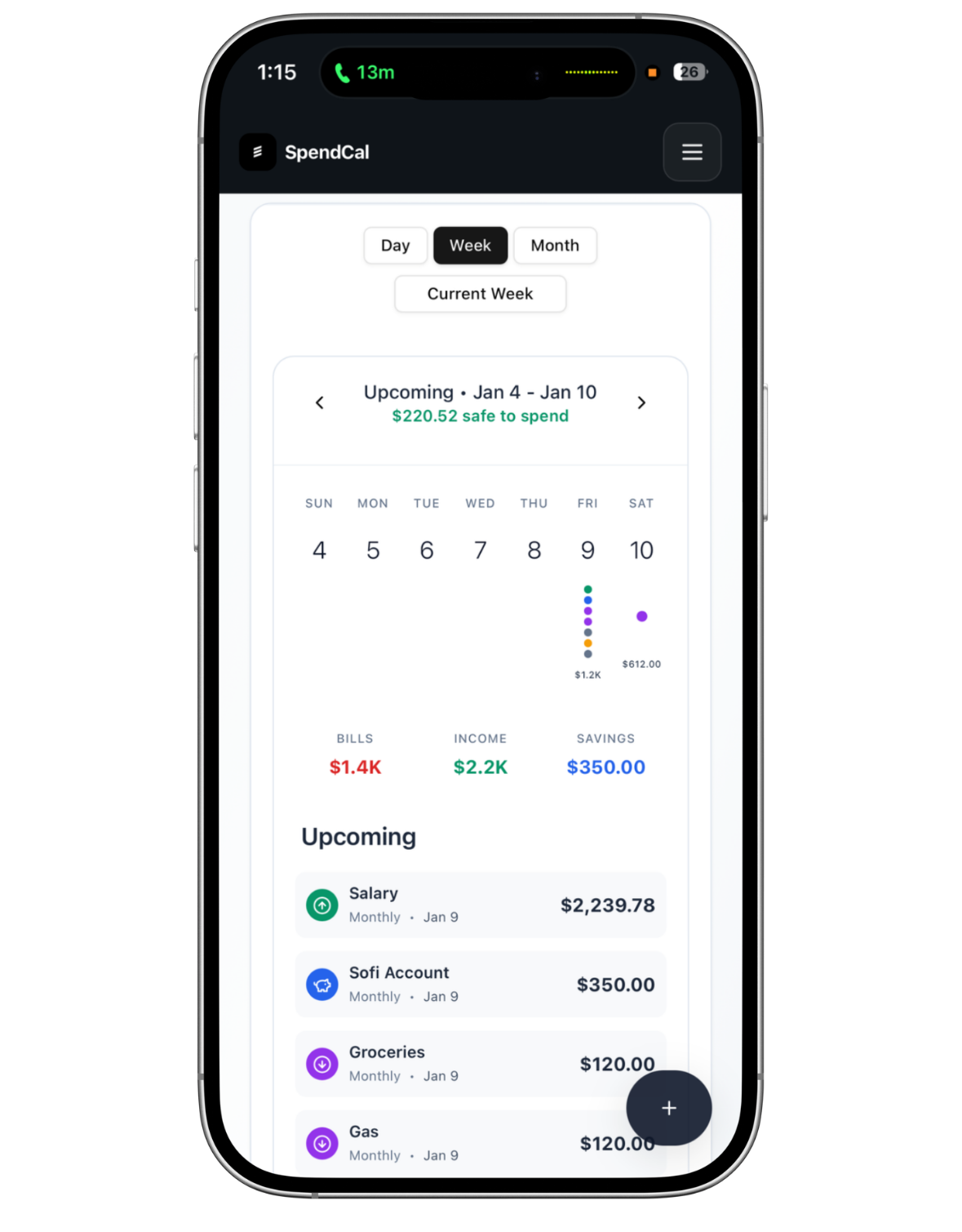 Phone displaying the SpendCal app with financial tracking features.