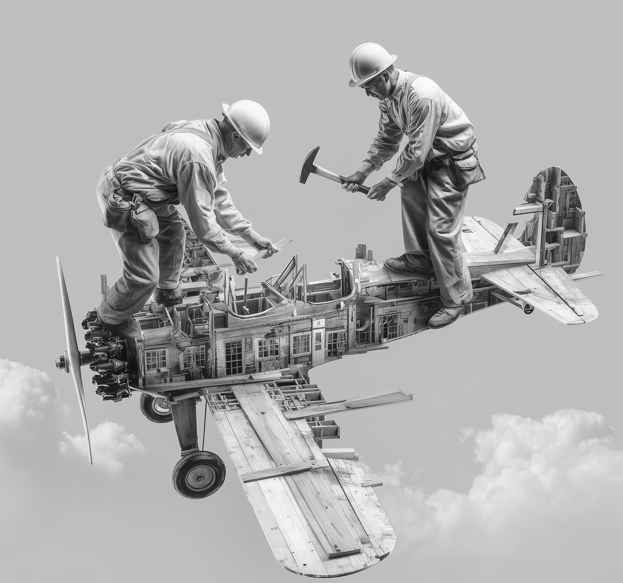 Two men working on a model airplane against a gray sky.